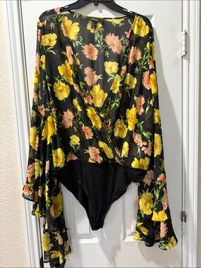 Forever 21 Black Floral Sheer Wrap Bodysuit with Yellow & Peach Blooms plus 3X